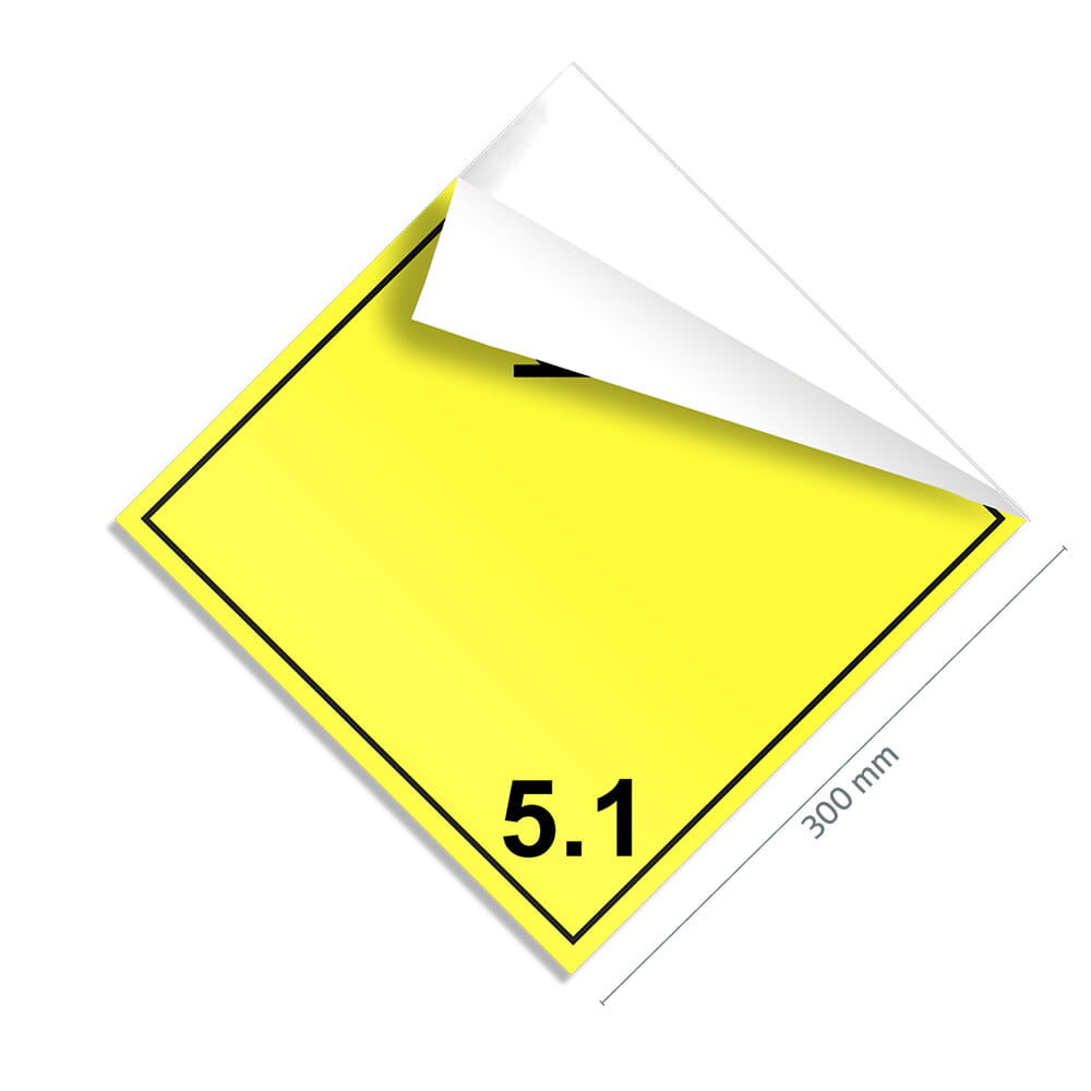 Gefahrgutzettel Klasse 5.1, 300×300 mm, Ecke gelöst zeigt flexible Klebefolie
