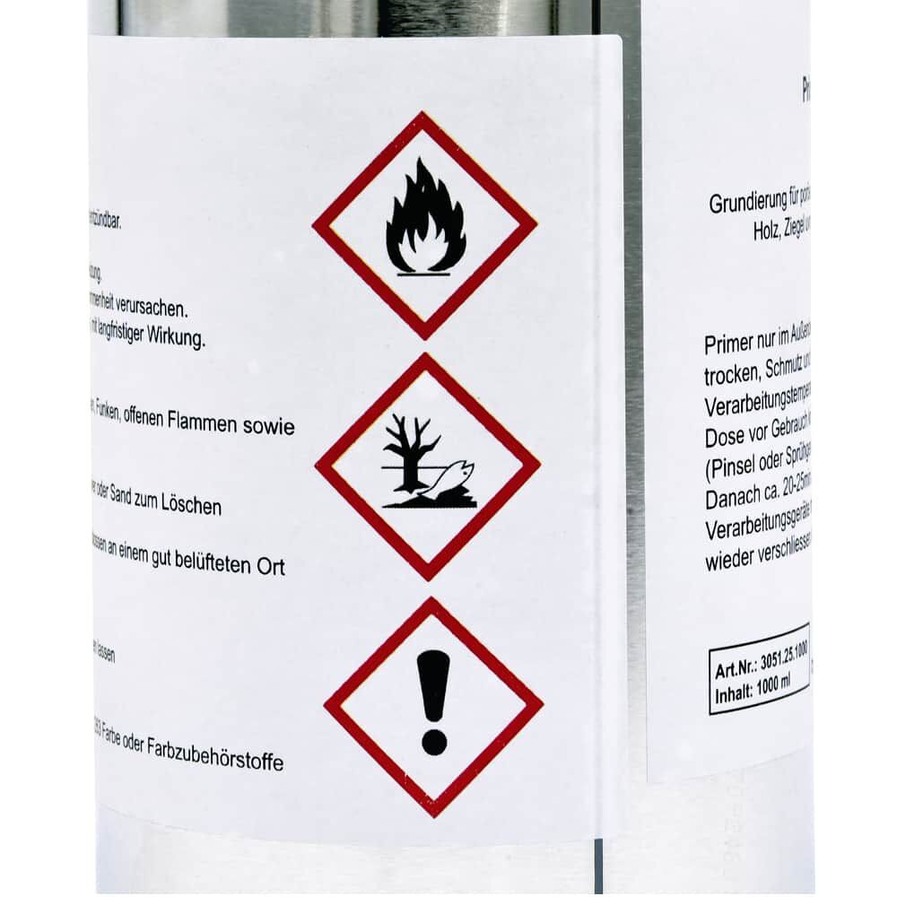 Detail Primer Nr. 5-Etikett: drei Gefahrpiktogramme – Flamme, Umweltrisiko, Ausrufezeichen