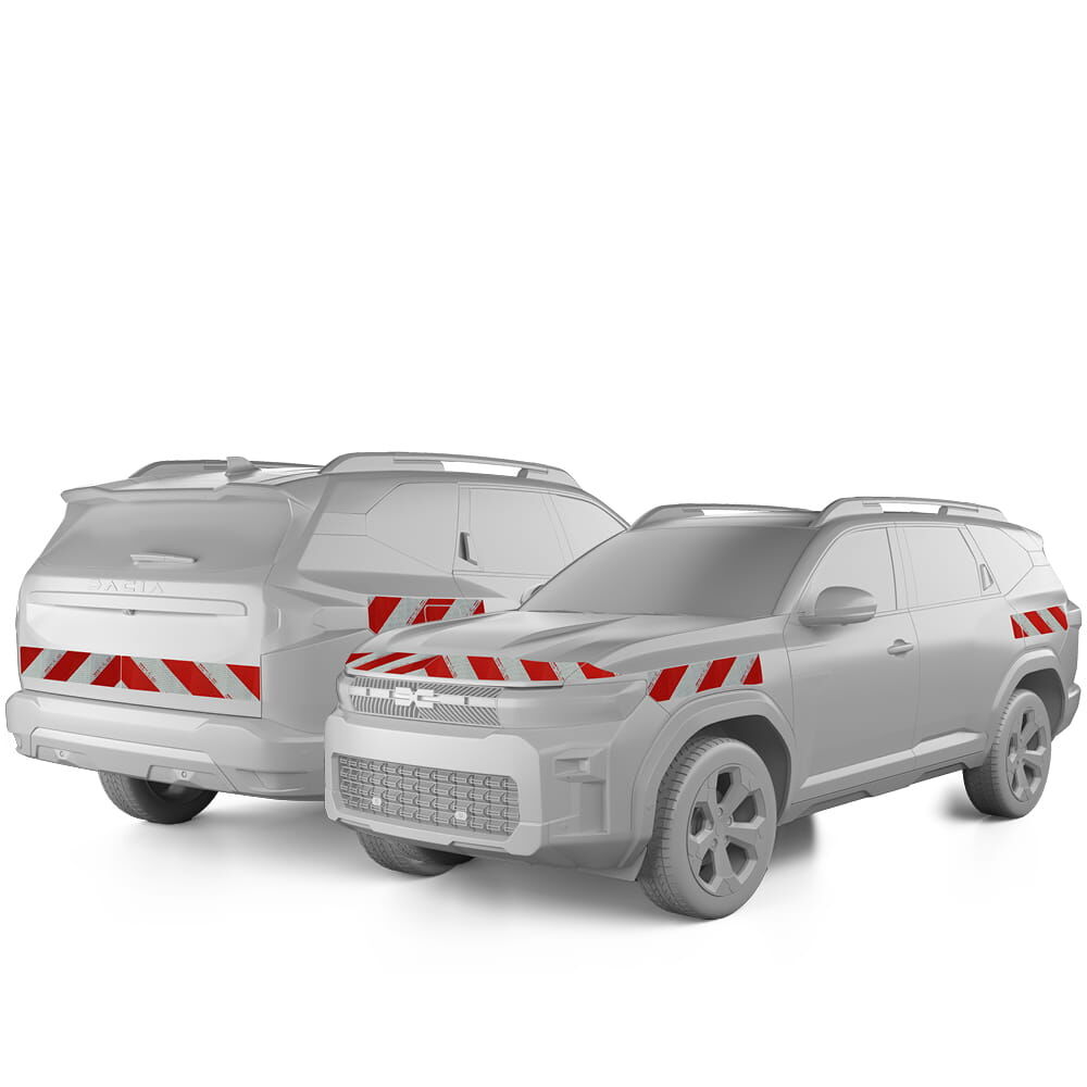 Dacia Duster III  in Front- und Heckansicht mit Komplettwarnmarkierungssatz, Baujahr 2024