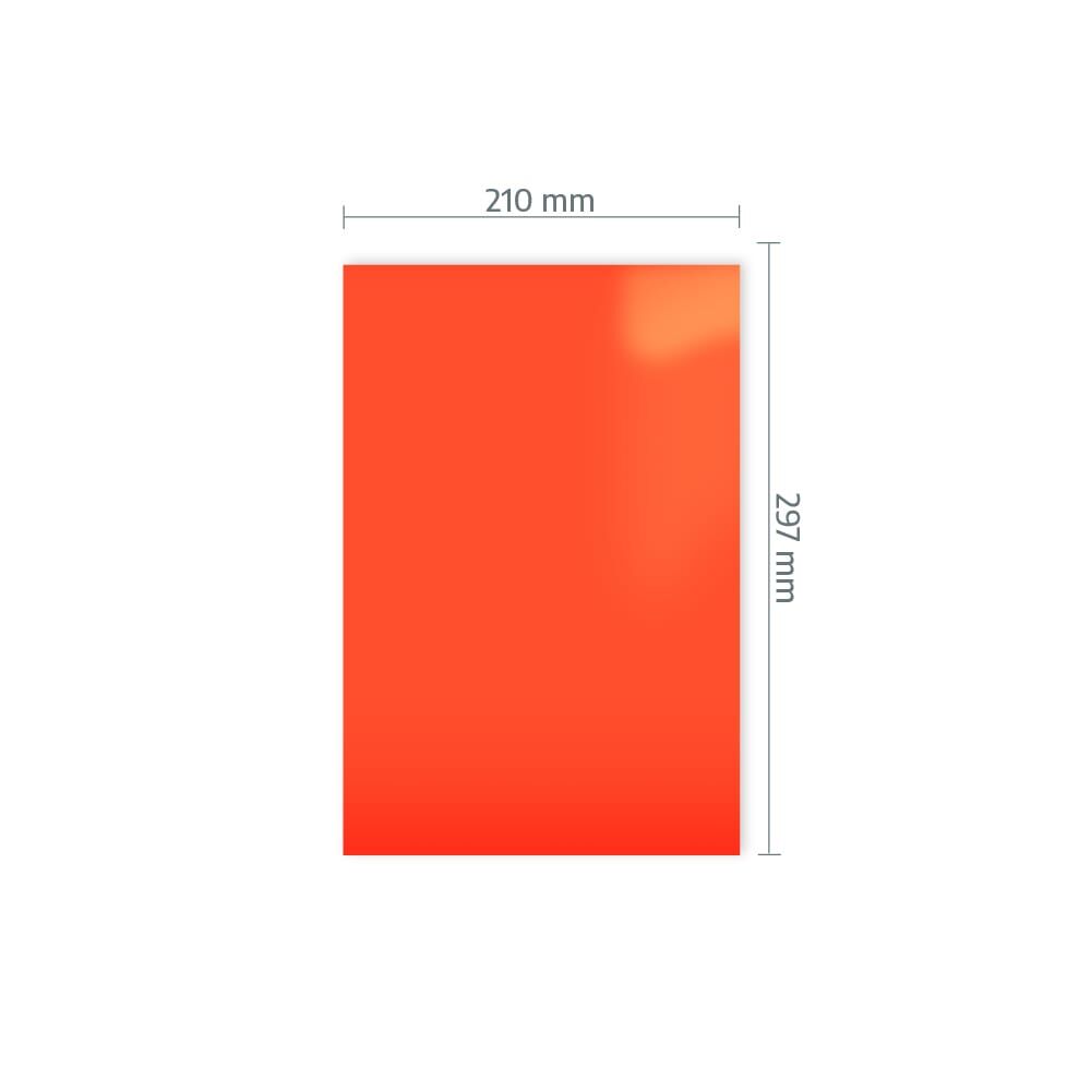 A4-Bogen ORACAL 7510 Orangerot mit Maßangabe 210 × 297 mm.