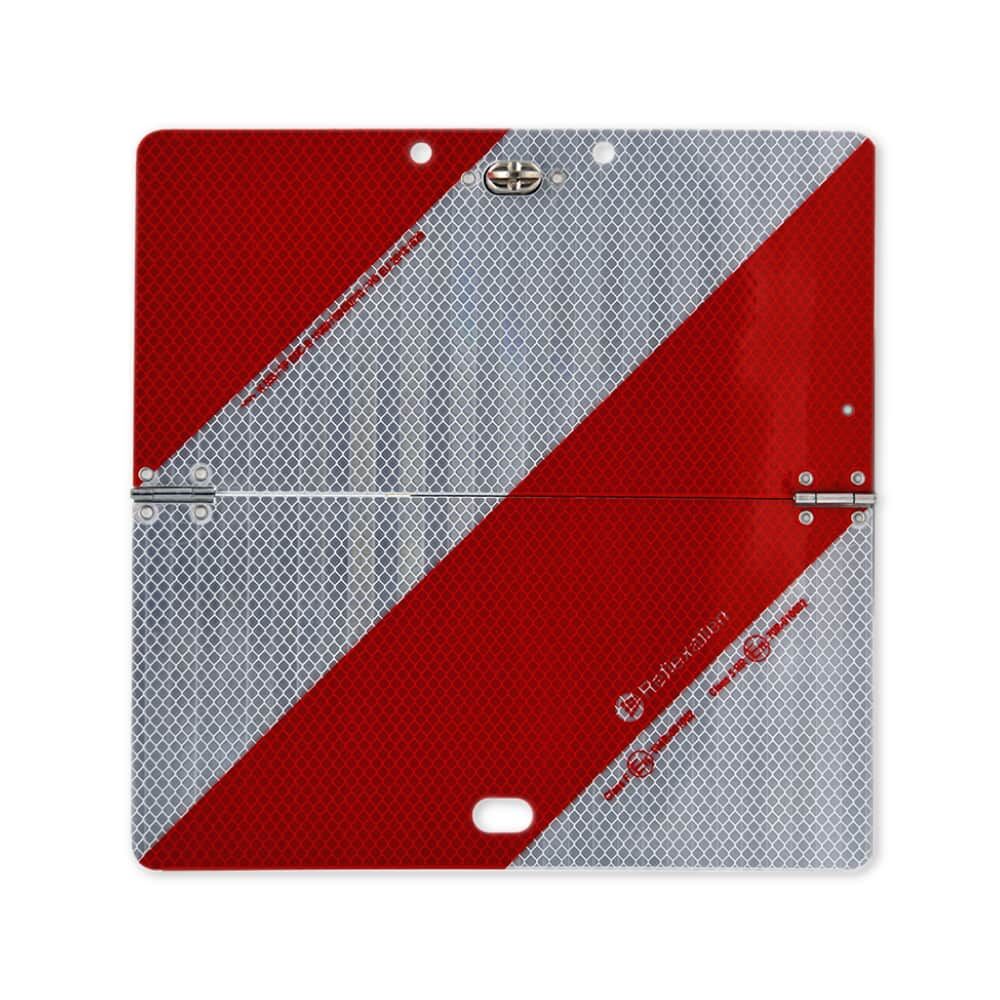 Linksweisende klappbare Parkwarntafel, rot-weiß diagonal, Vorderseite