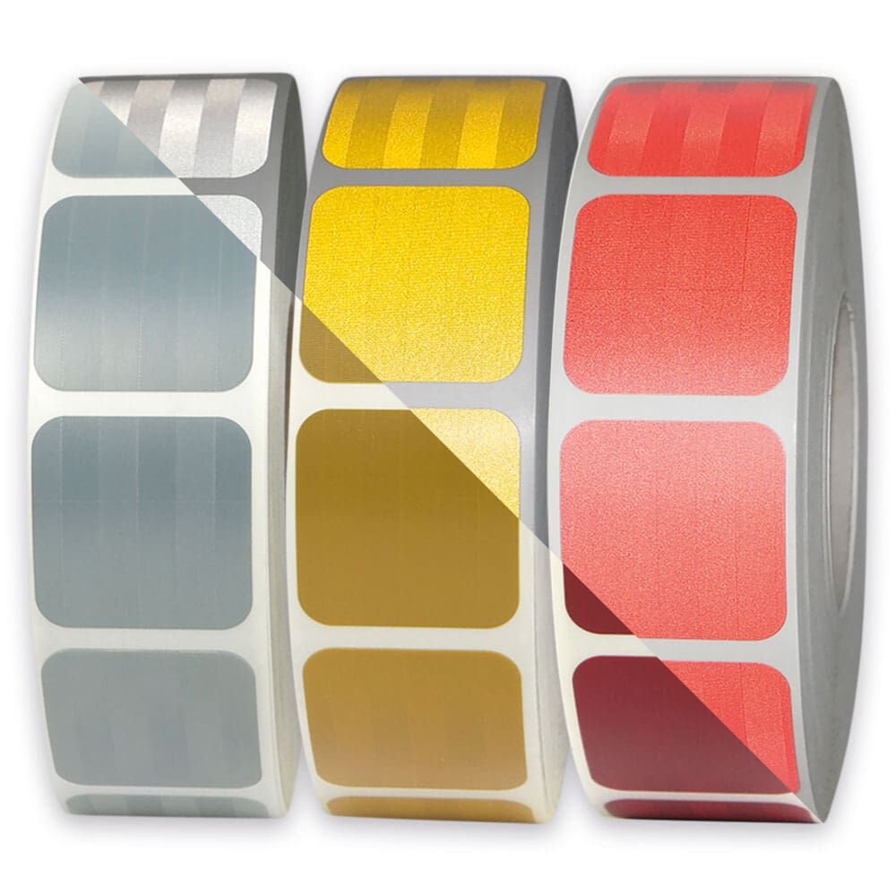3 Rollen 3M 957 S Segmente Weiß / Gelb / Rot, links matt – rechts retroreflektierend