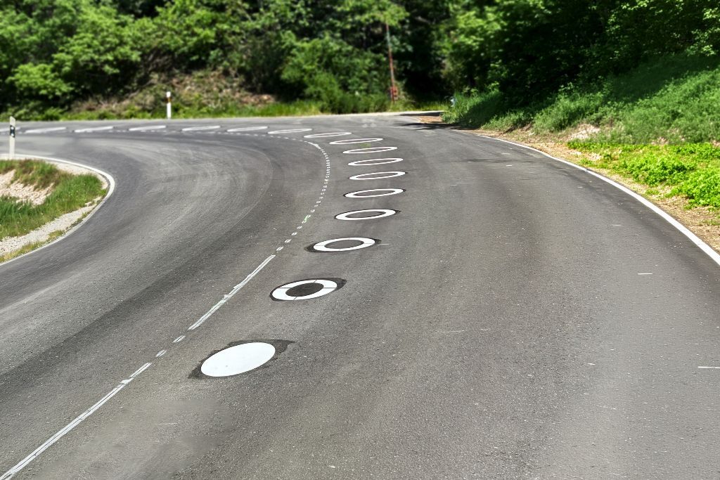 Weiße Z343 Ellipsen als Fahrbahnmarkierung entlang einer kurvigen Straße