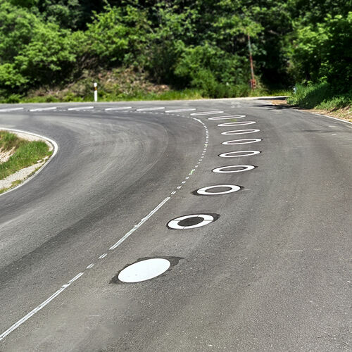 Weiße Ellipsen zur Kurvenmarkierung auf einer bewaldeten Landstraße