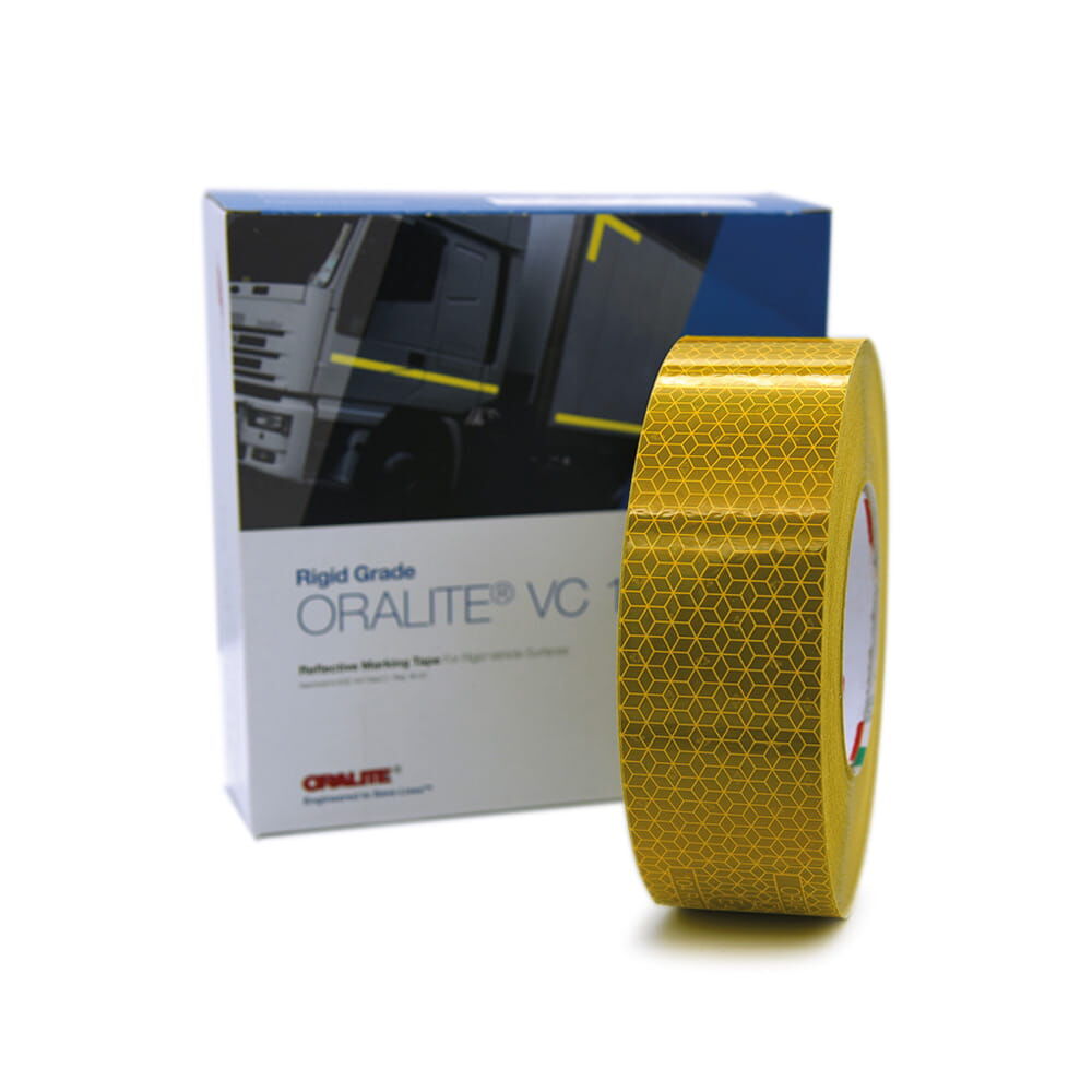 Gelbe VC104+ RG Rolle 50 mm × 50 m vor Versandkarton