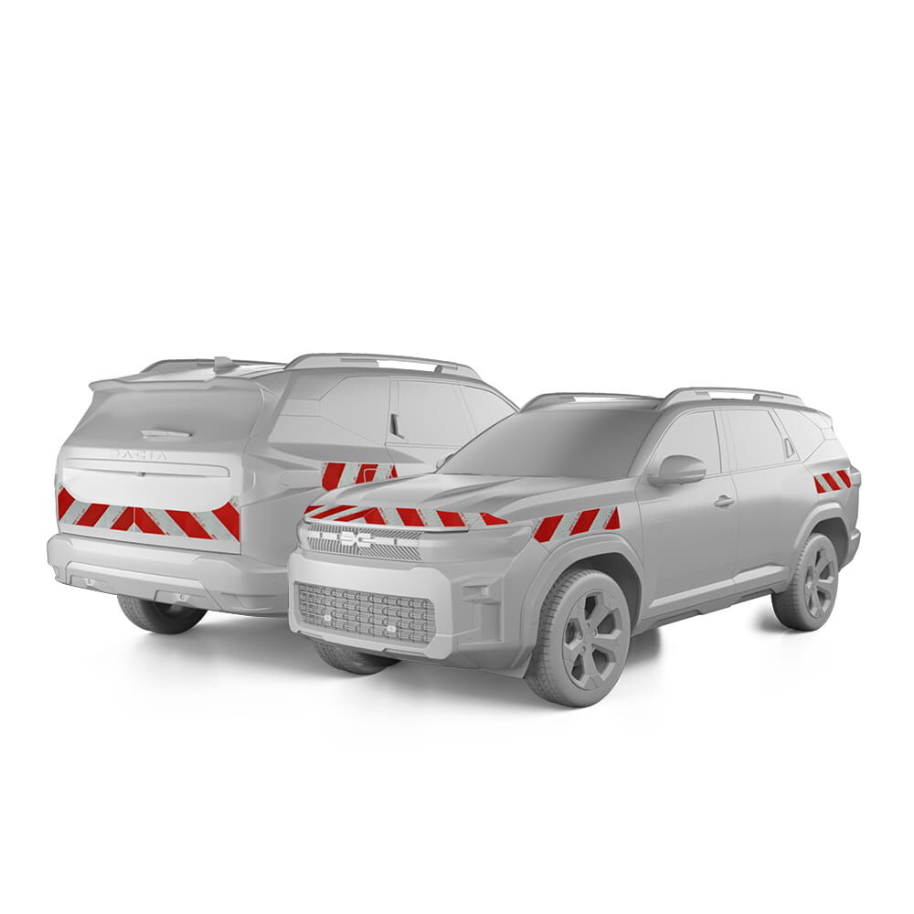 Dacia Biggster  in Front- und Heckansicht mit Komplettwarnmarkierungssatz, Baujahr 2025