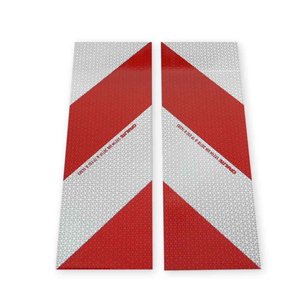 Zwei Orafol 5921M Zuschnitte, 423 × 141 mm, diagonal geteilt rot-weiß, Vorderseite.