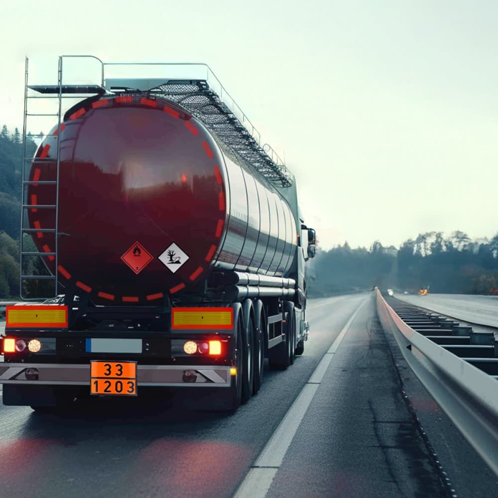Tanklastzug auf nasser Autobahn; orange ADR-Tafel 33/1203 und Gefahrzettel