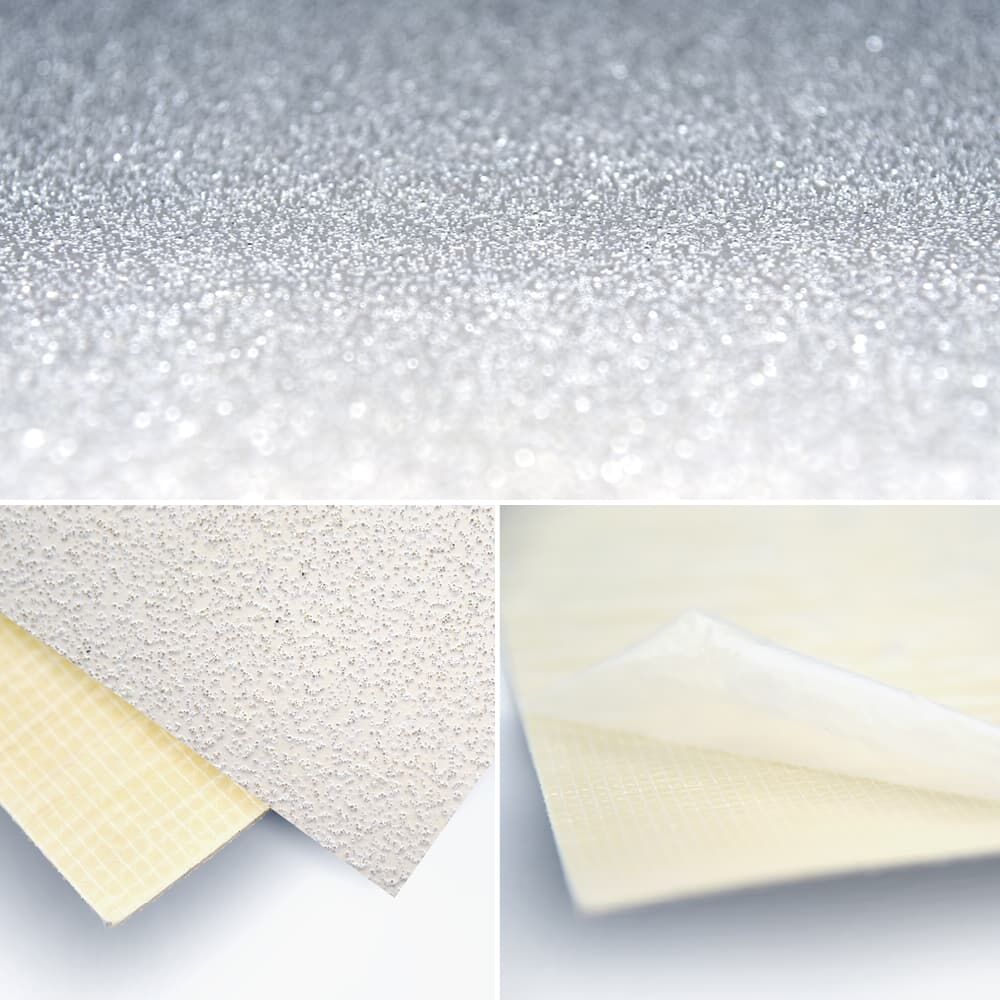 Detail-Collage zeigt Folienmerkmale: Textur, KantenansichDetail-Collage und strukturierte Rückseite