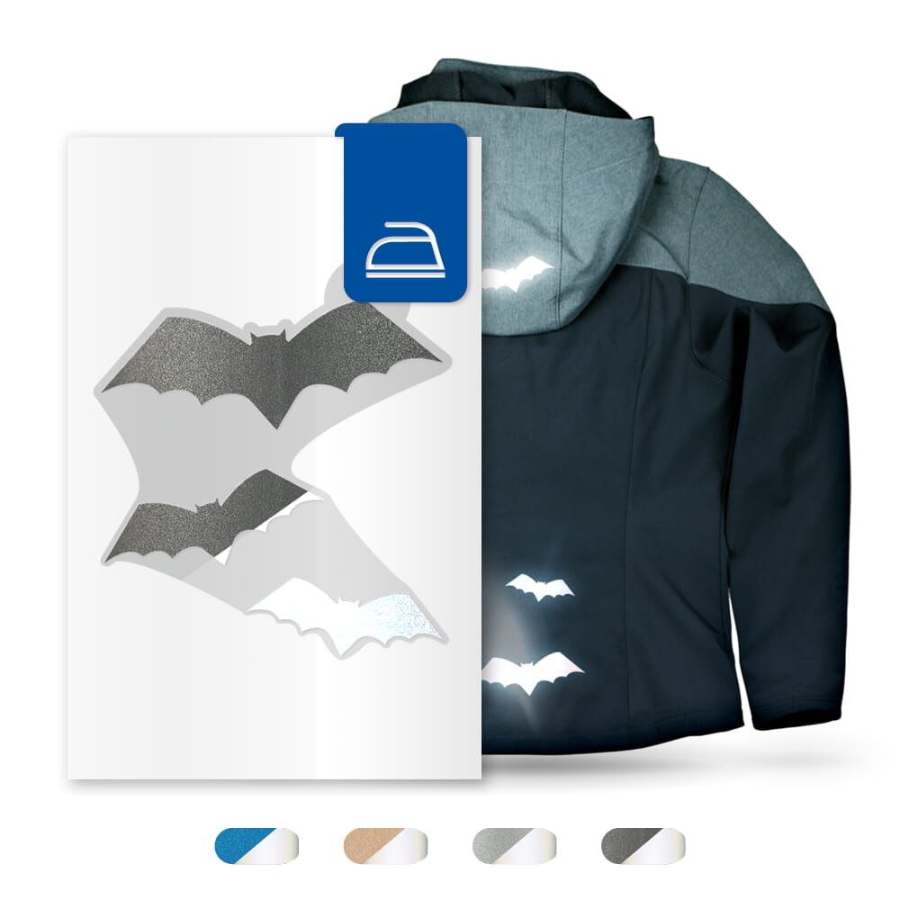 Verpackungs-Foto mit Beispieljacke: Aufbügelfläche und Reflexeffekt der schwarzen Fledermäuse