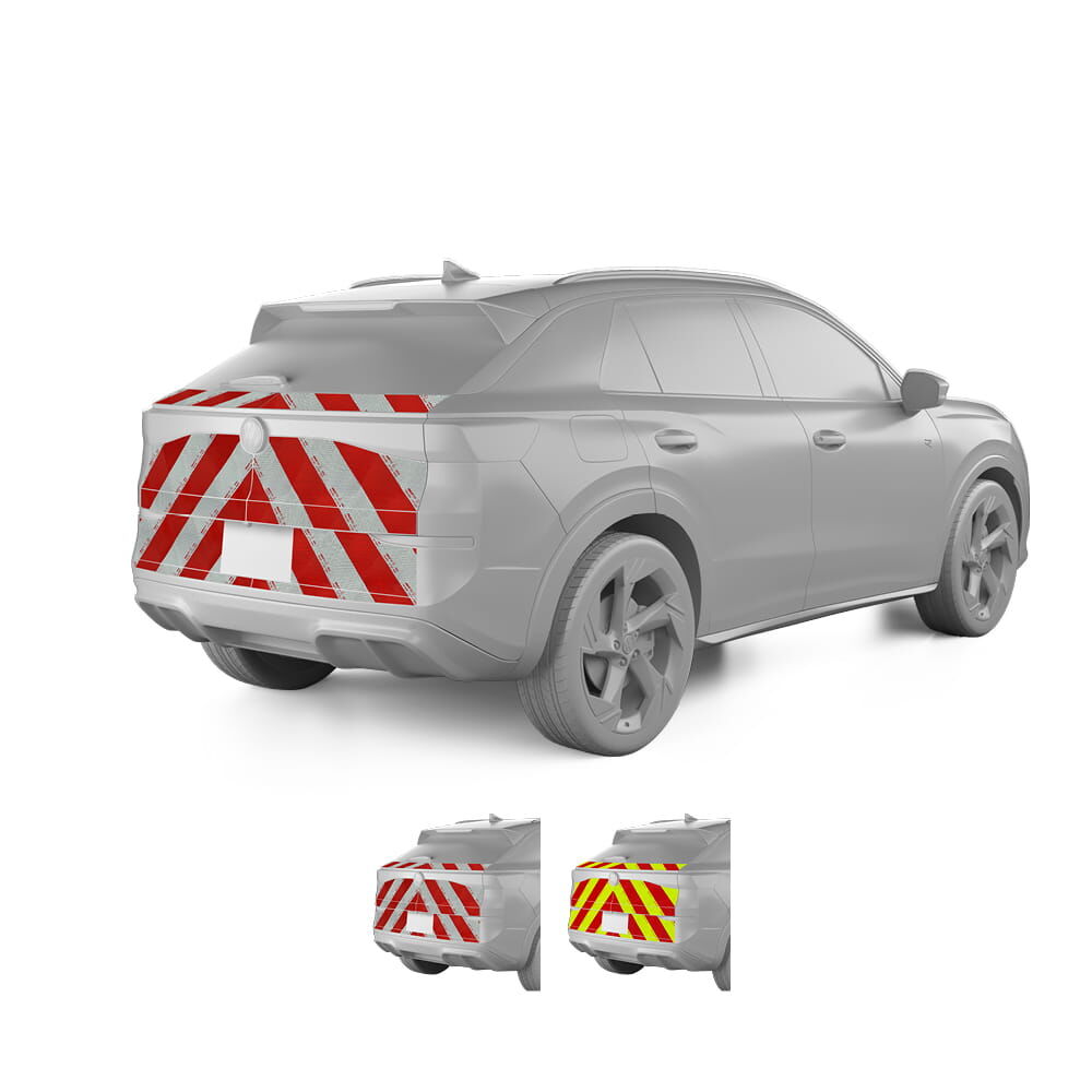 VW T-Roc mit Heckwarnmarkierung mit Variantenvorschau der Farben, Baujahr 2025