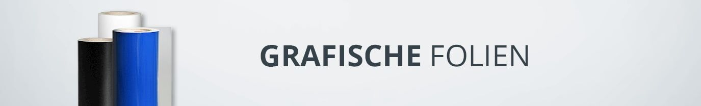 Schwarze, blaue und weiße Folienrollen neben dem Text "GRAFISCHE FOLIEN" auf grauem Hintergrund.