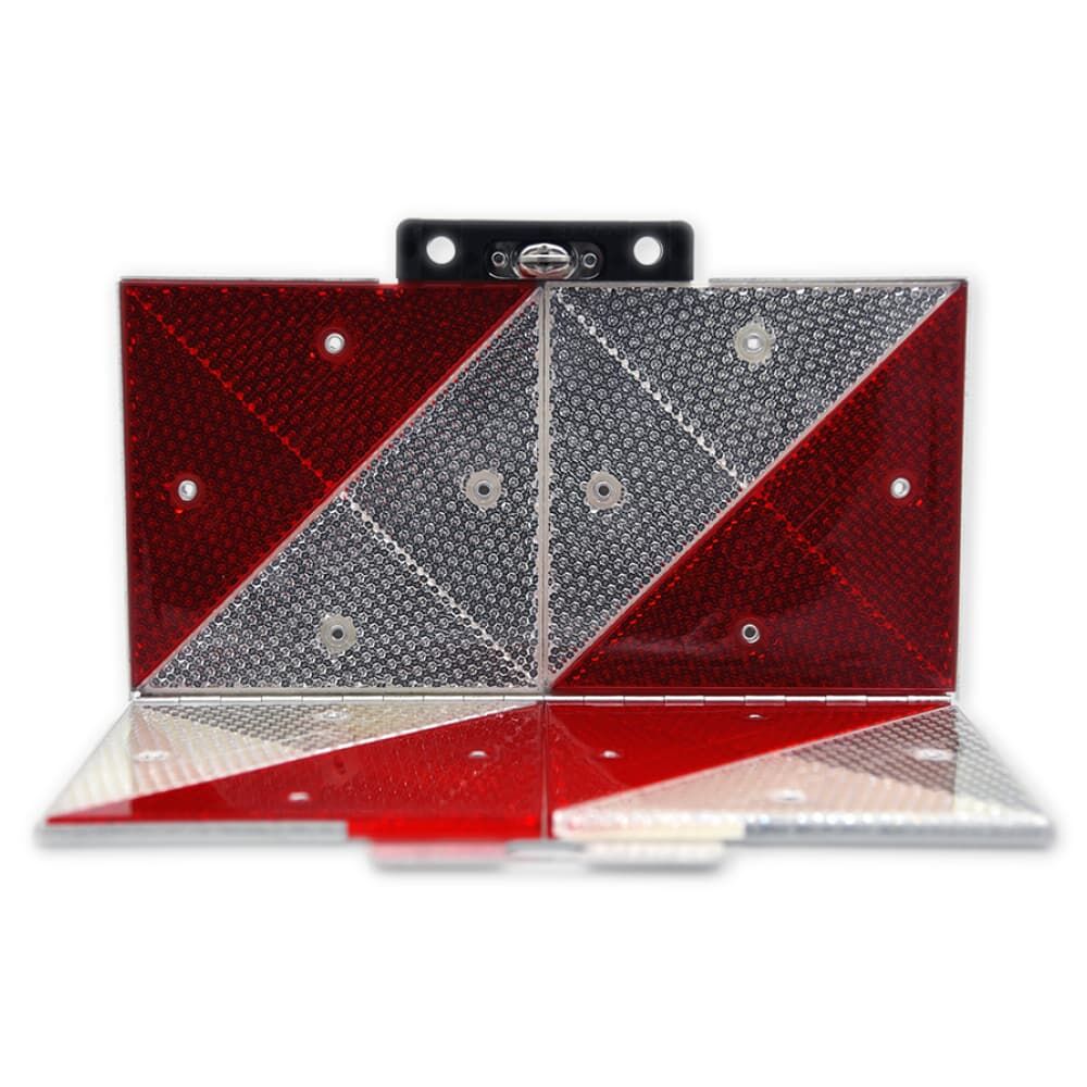 Parkwarntafel geöffnet: rot/weiße Prismenfläche auf ausgeklappter Grundplatte