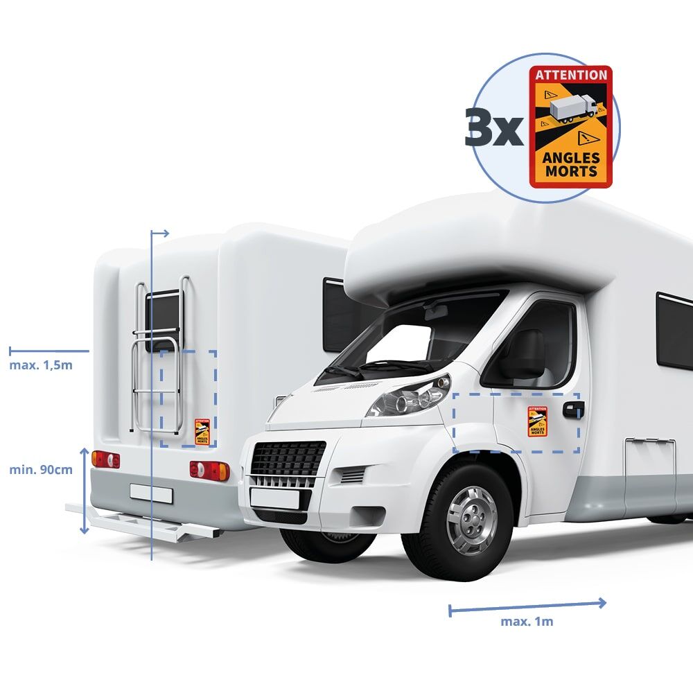 Platzierung von 3 „Angles Morts“-Schildern an einem Wohnmobil, mit Größenangaben