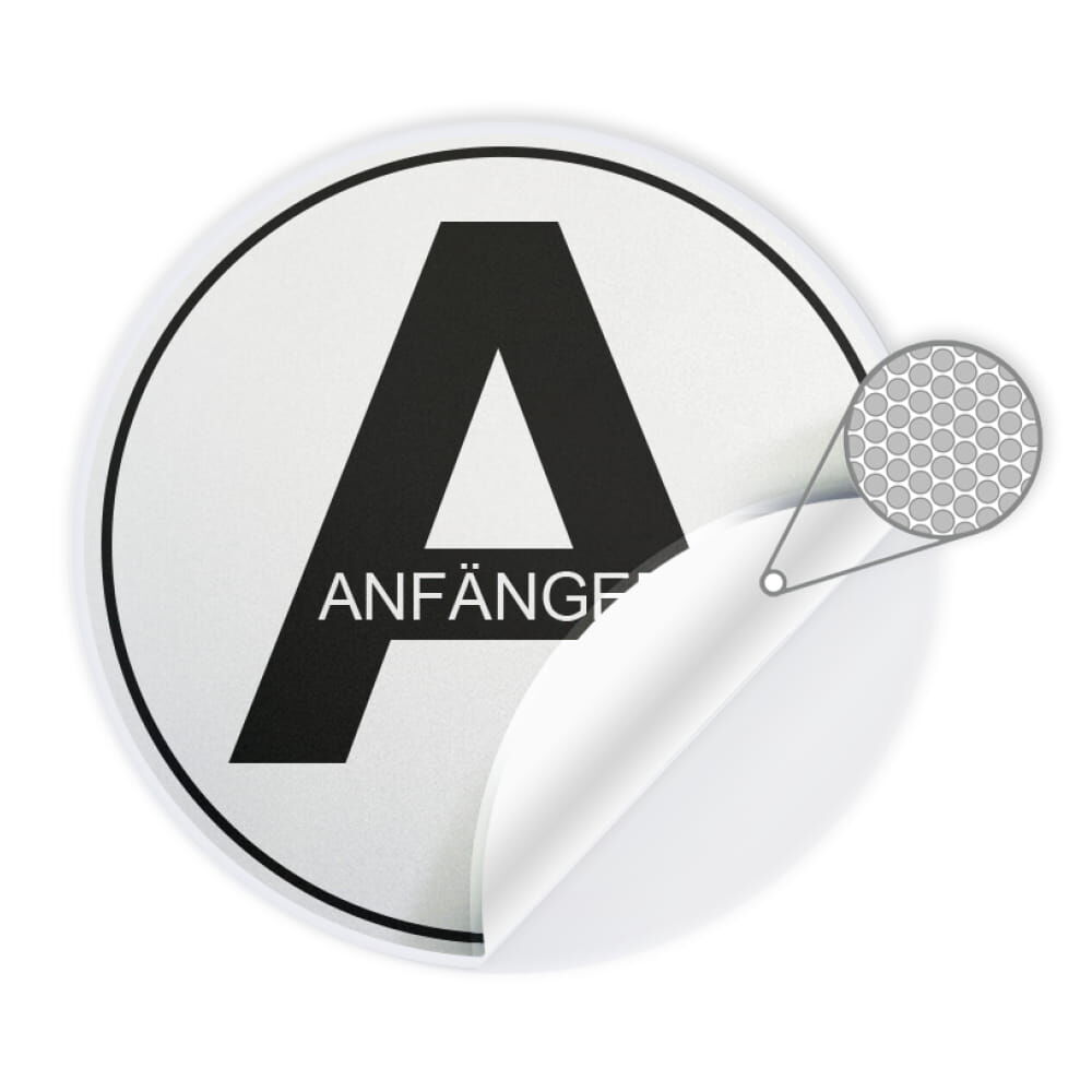 Reflecto Hinweisschild „Anfänger A rund“, mit Detail der selbsthaftenden Rückseite