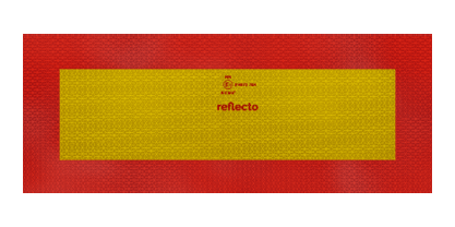 Eine Halbmarkierung mit gelb-reflektierendem Innenteil und rot-reflektierendem Rahmen