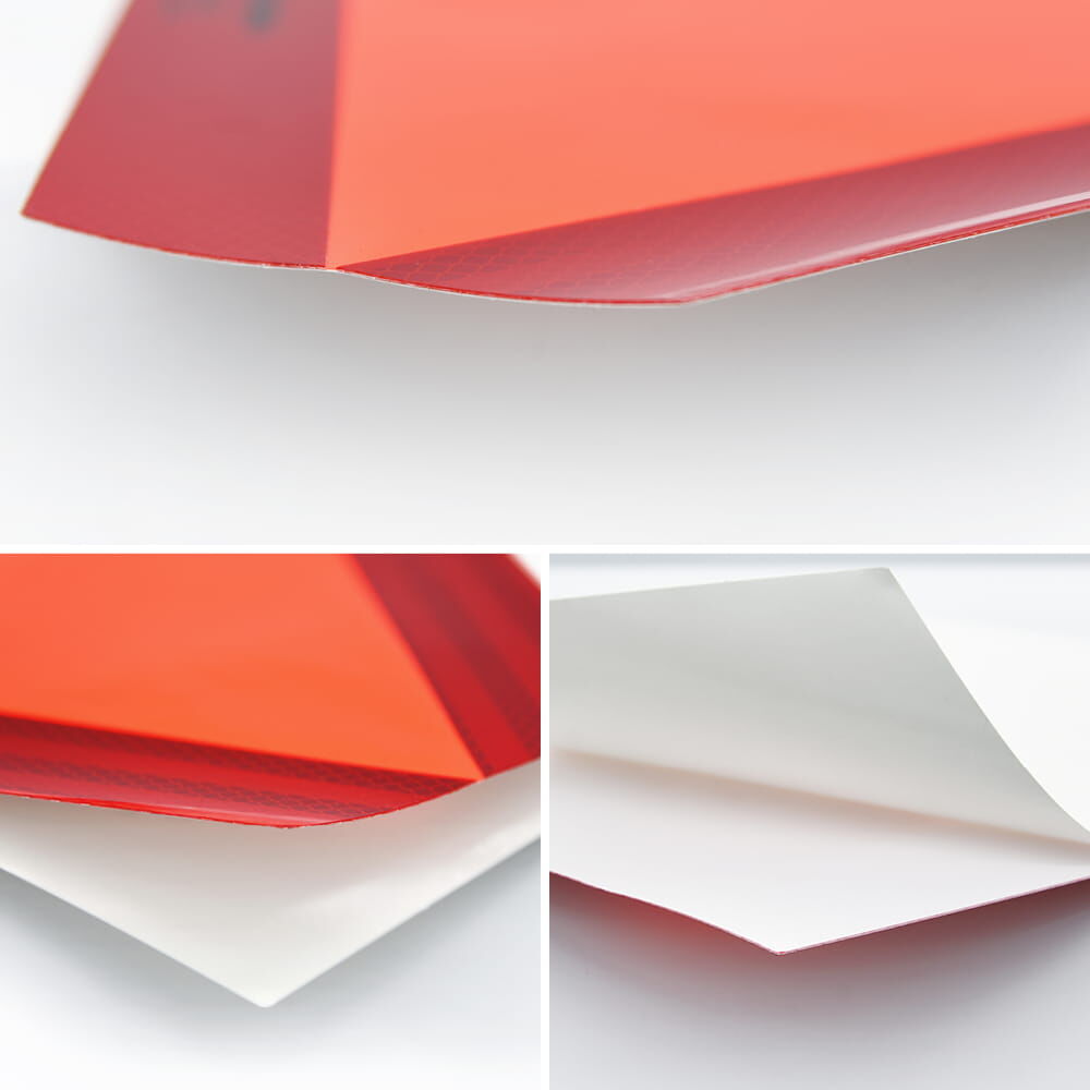 Collage: Warntafel-Ecke, abziehbare Klebeschicht und Rückseite der selbstklebenden Ausführung