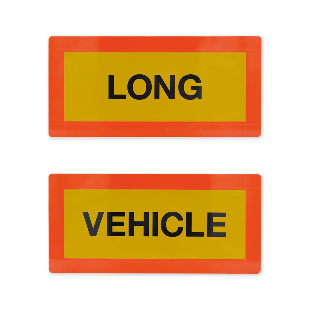 Zwei Long Vehicle Tafeln mit schwarzer Schrift auf gelbem Grund, roter Rand