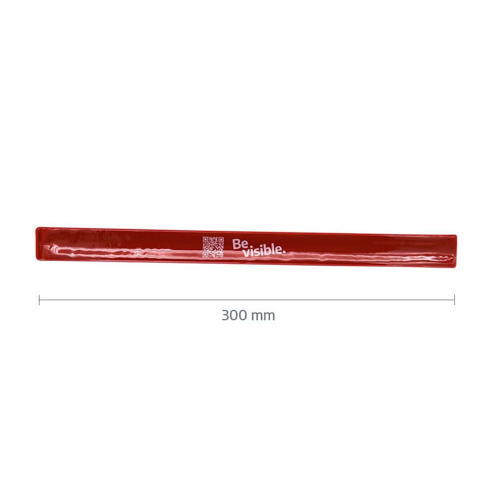 Rotes Schnapparmband mit Maßangabe 300 mm und weißem „Be visible.“-Schriftzug