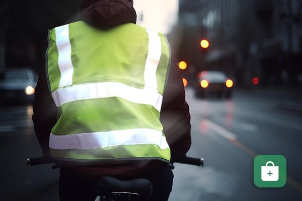 Eine Person auf einem Fahrrad trägt eine neongelbe Warnweste mit Reflexstreifen in der Abenddämmerung.