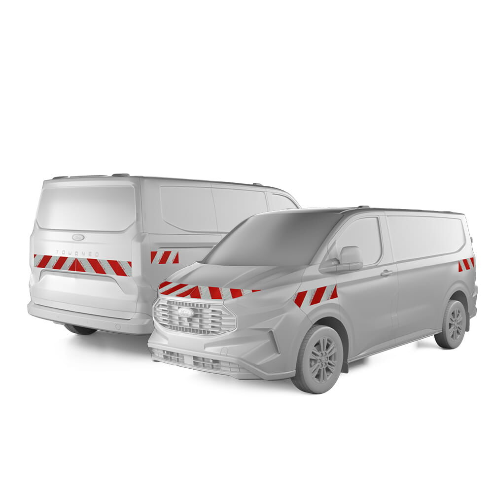 Ford Tounero Custom  in Front- und Heckansicht mit Komplettwarnmarkierungssatz, Baujahr 2023