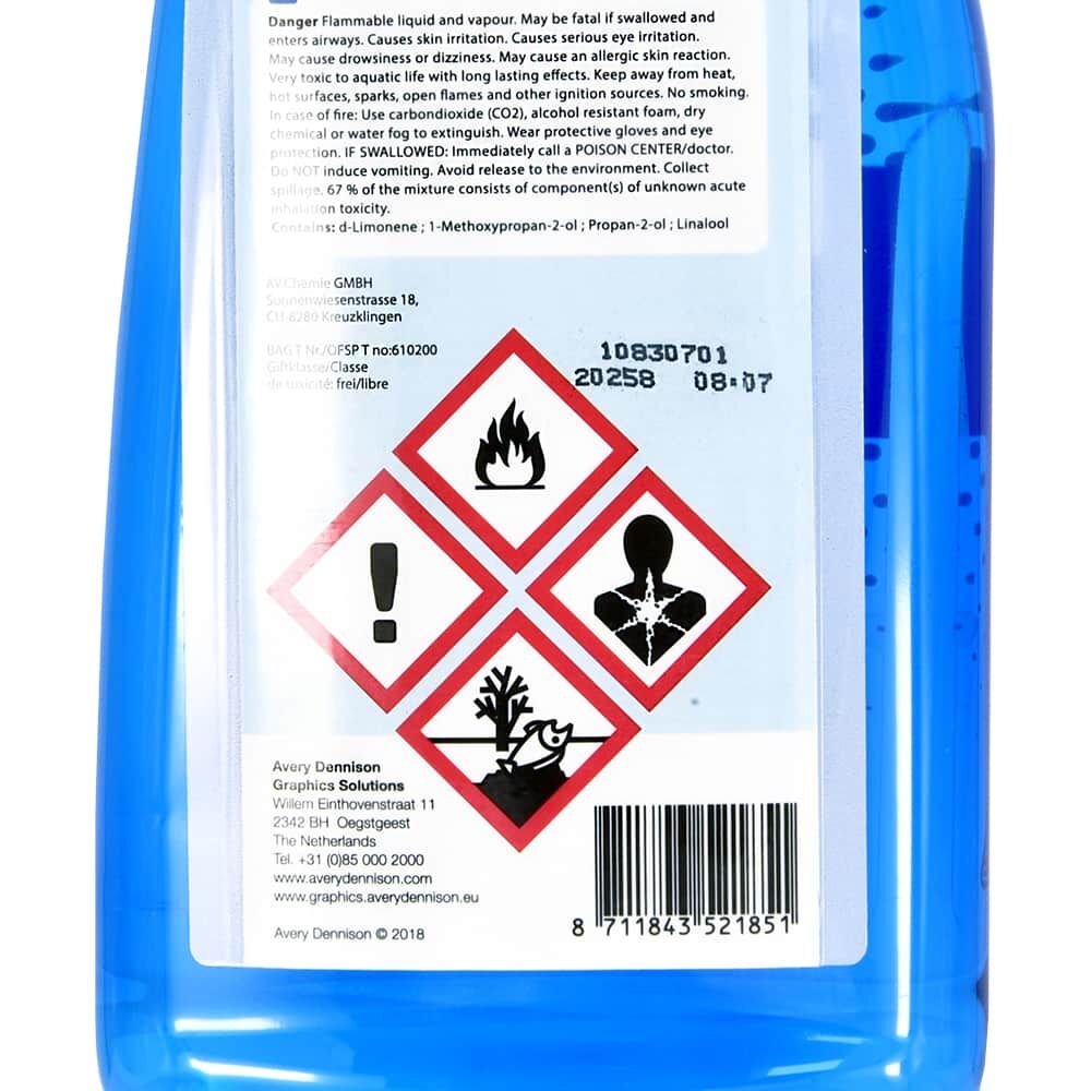 Rückseite Avery Adhesive Remover, Gefahrensymbole und Text auf Etikett