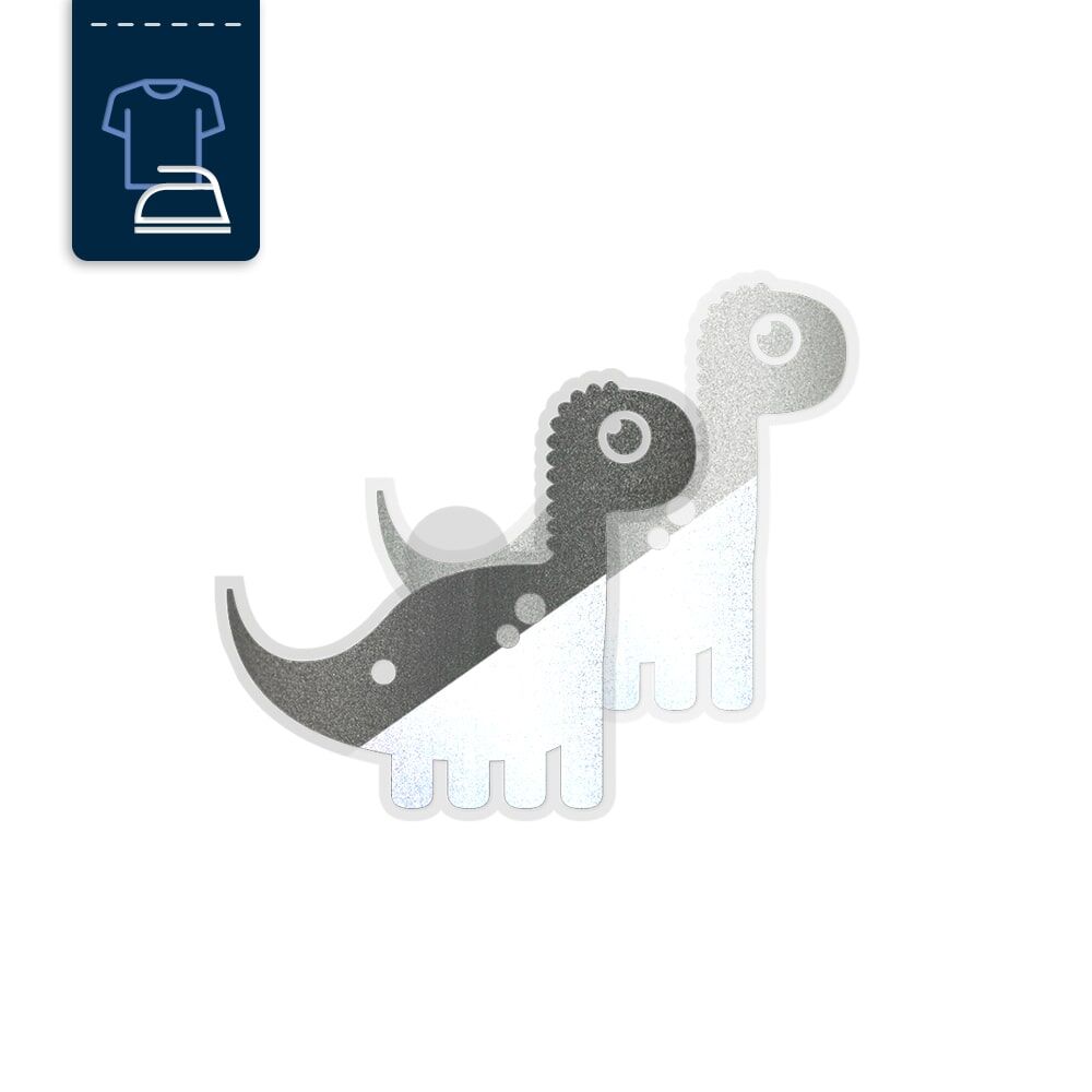 Bügelbild Dino, Set aus zwei reflektierenden Aufbüglern, schwarz & silber, Produktansicht