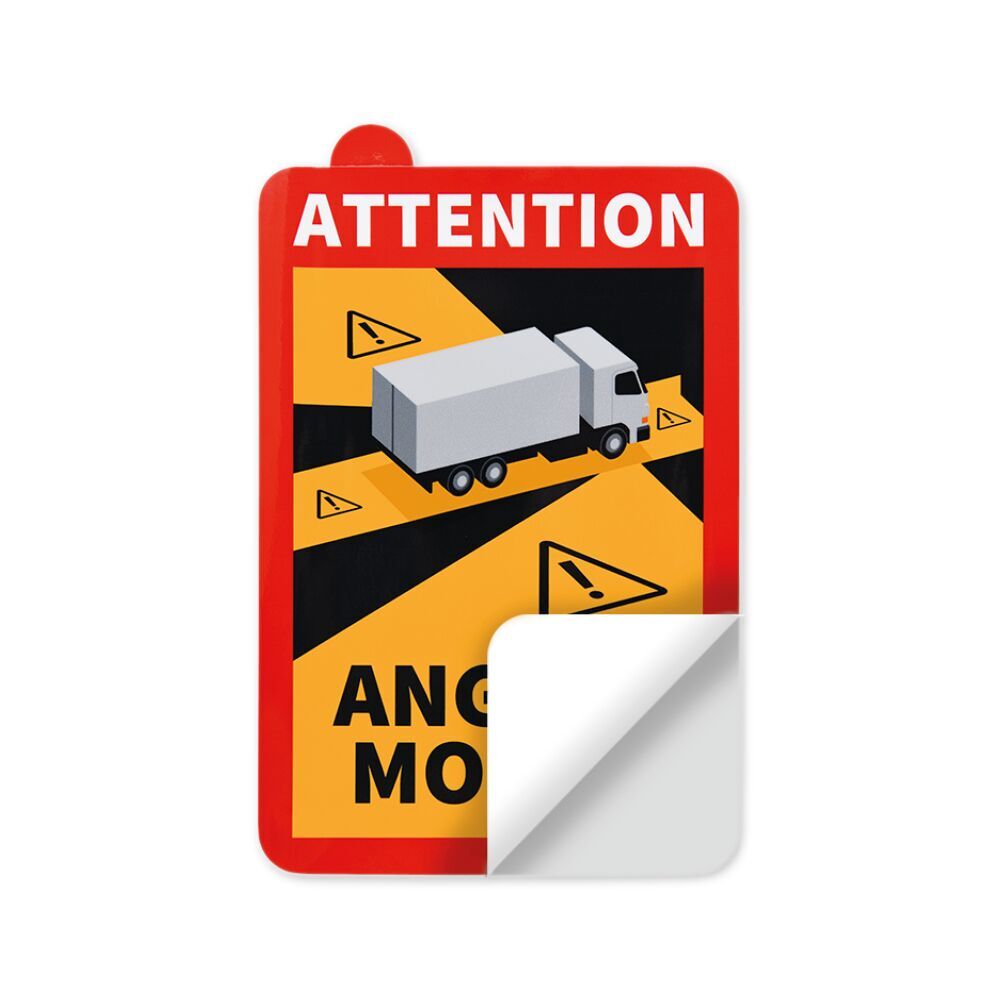 Schild „Angles Morts“ mit LKW-Grafik, teilweise abgelöst