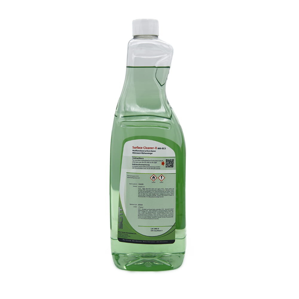 Rückansicht: Flasche „SOTT Surface Cleaner-II“ mit Warnetikett.
