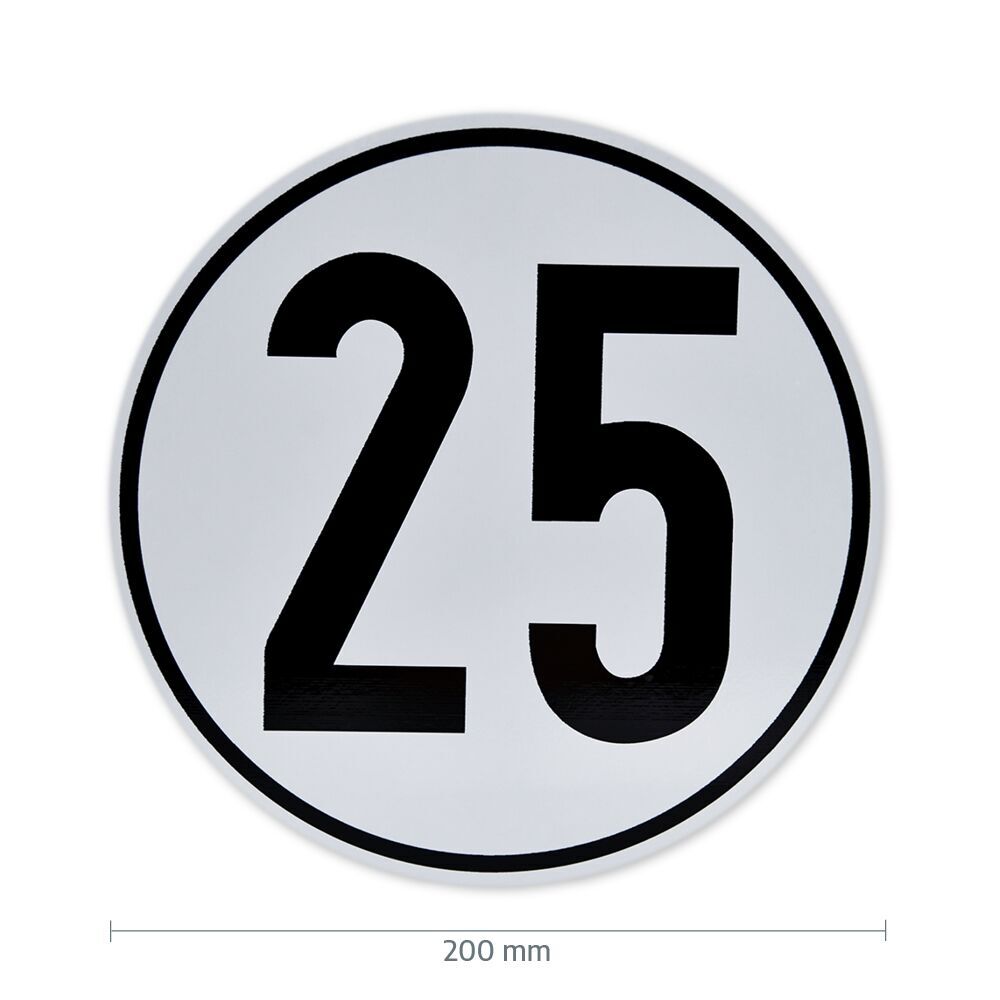 Geschwindigkeitsschild 25 km/h mit Maßangabe 200 mm Durchmesser
