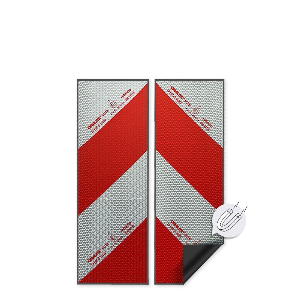 2-teiliges Set Reflecto 5921M Warnmarkierung mit umgeklappter Ecke, zeigt magnetische Rückseite