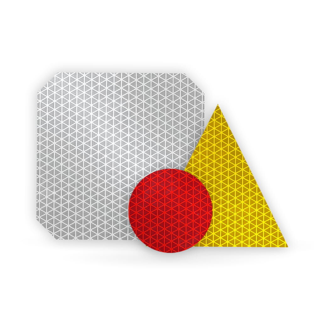 Quadrat, Kreis und Dreieck aus stark reflektierender ORALITE VC 612 Folie in Weiß / Rot / Gelb