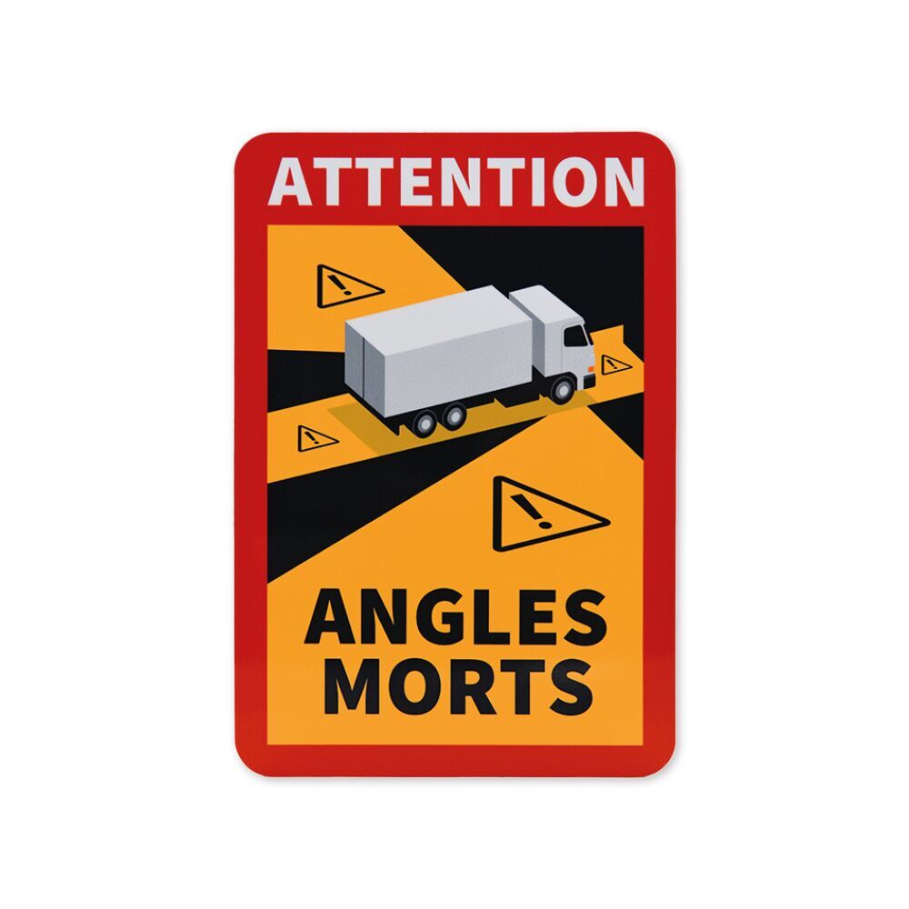 Warnschild „Angles Morts“ mit rotem Rand und LKW-Motiv, komplett sichtbar