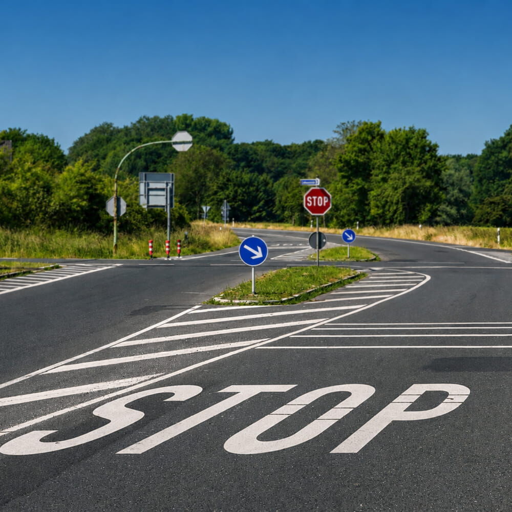 Ländliche Straßenkreuzung mit großer STOP-Fahrbahnmarkierung und mehreren Stoppschildern