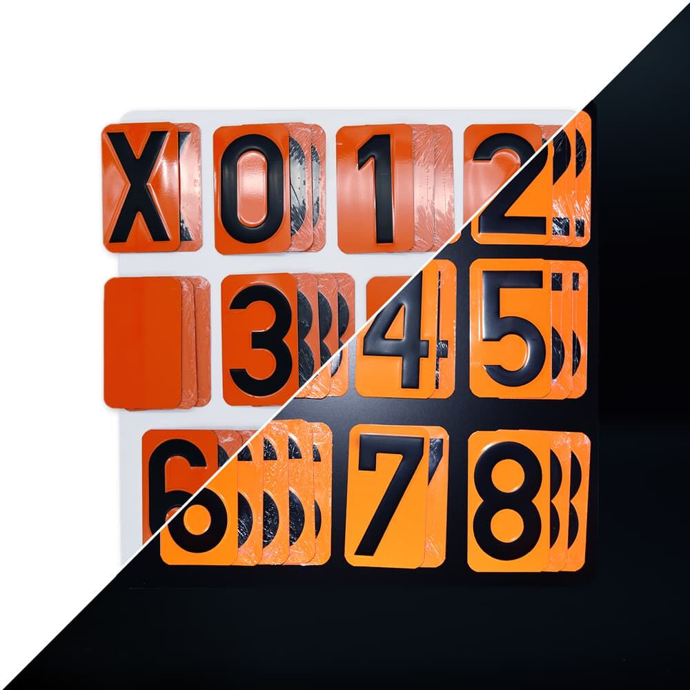 ADR-Ziffernsatz von 0–8 und X auf orangen Platten, teils bei Tageslicht, teils bei Dunkelheit.