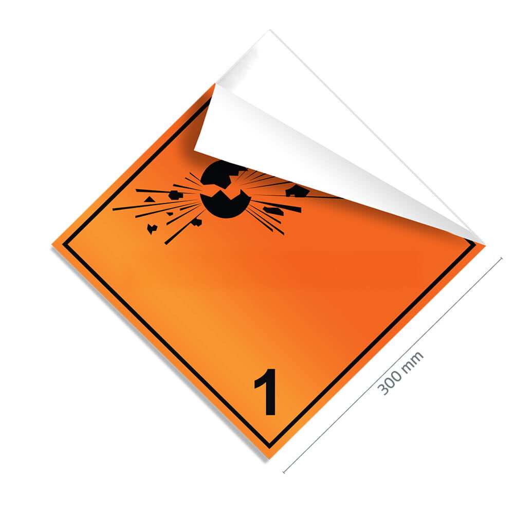 Gefahrgutzettel Klasse 1, 300×300 mm, Ecke gelöst zeigt flexible Klebefolie