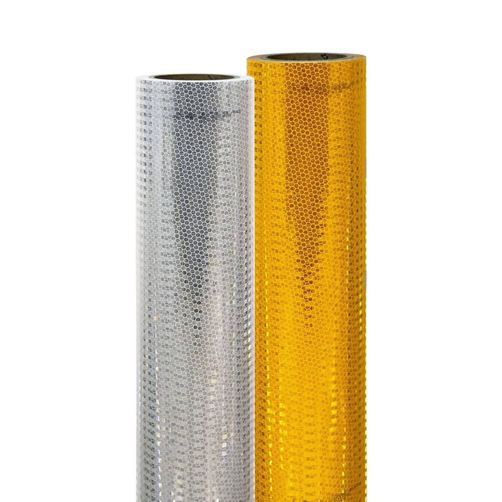 Zwei Großrollen Avery T-7500B Reflexfolie, weiß & gelb, glänzende Wabenstruktur