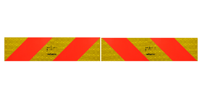 Zwei Heckwarntafel-Halbmarkierungen für Zugmaschinen horizontal nebeneinander mit diagonal verlaufenden fluoreszierenden-roten und gelb reflektierenden Streifen.