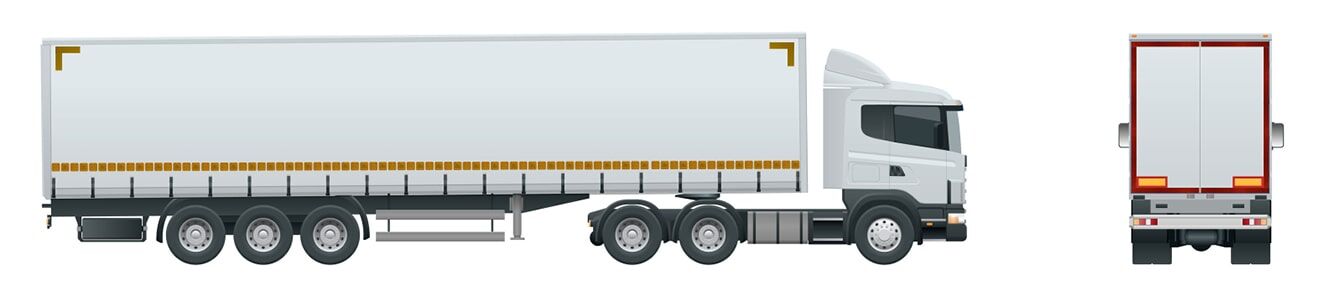 Ein weißer LKW mit Planauflieger, seitlich gelben Konturmarkierungen und Eckmarkierungen sowie rote Konturmarkierung am Heck des Aufliegers.