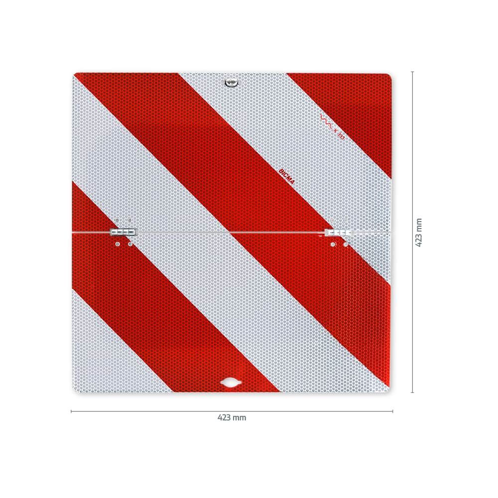 Klappbare PWT-Warntafel mit Maßen 423×423 mm, rote Reflexstreifen auf weißem Grund, rechtsweisend