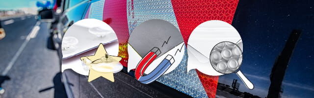 Wiederverwendbare Kfz-Warnmarkierung mit Symbolen für Magnet, Saugnapf und Haftfolie