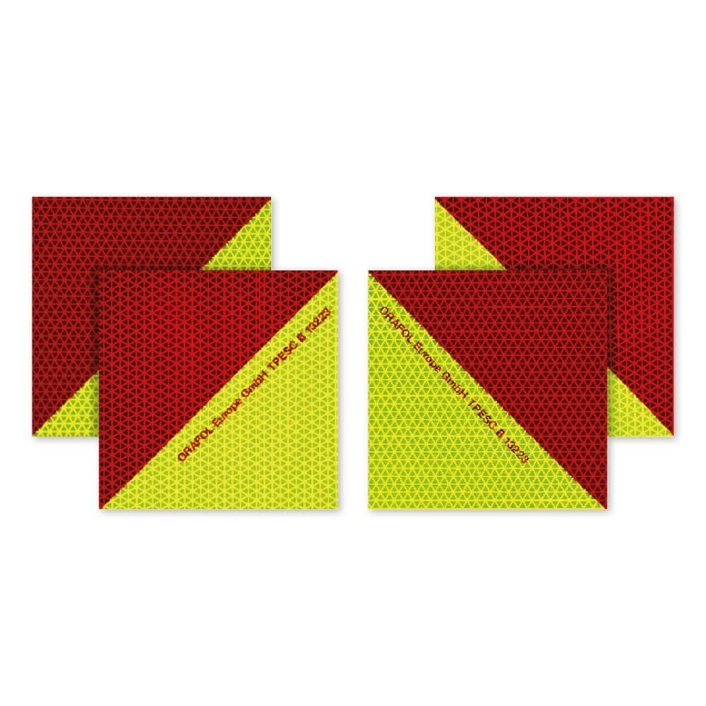 Vier magnetische VC 612 Warnmarkierungs-Zuschnitte, Vorderseite rot-fluorlime
