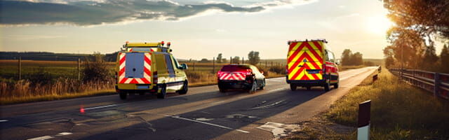 Drei Fahrzeuge auf Landstraße: Begleitfahrzeug, Feuerwehrfahrzeug und Baustellenfahrzeug mit Heckmarkierung.