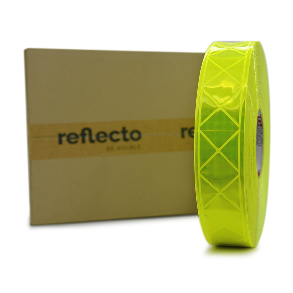 50 m Rolle Orafol GP340, fluor-lime, vor reflecto-Kartonverpackung, Rautenmuster sichtbar