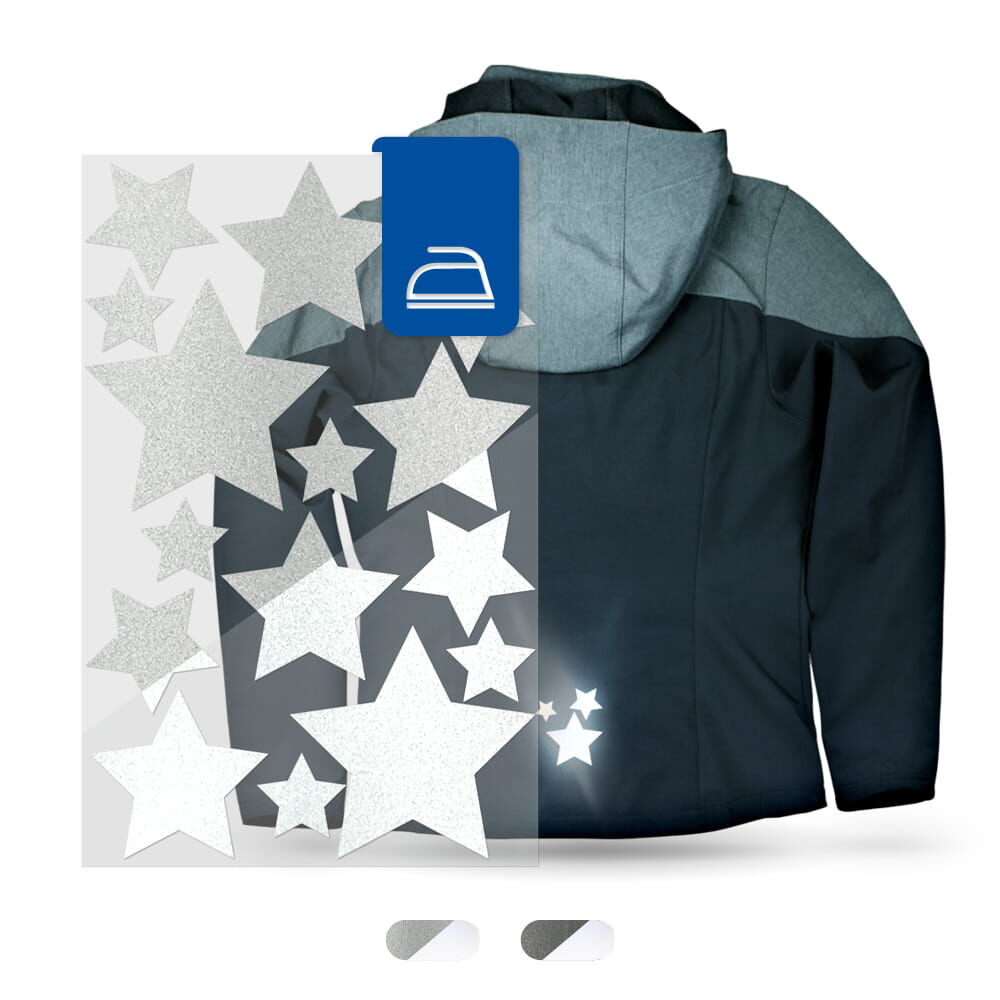 Dunkle Jacke mit applizierten Reflex-Sternen, Produktblatt teils überlagert