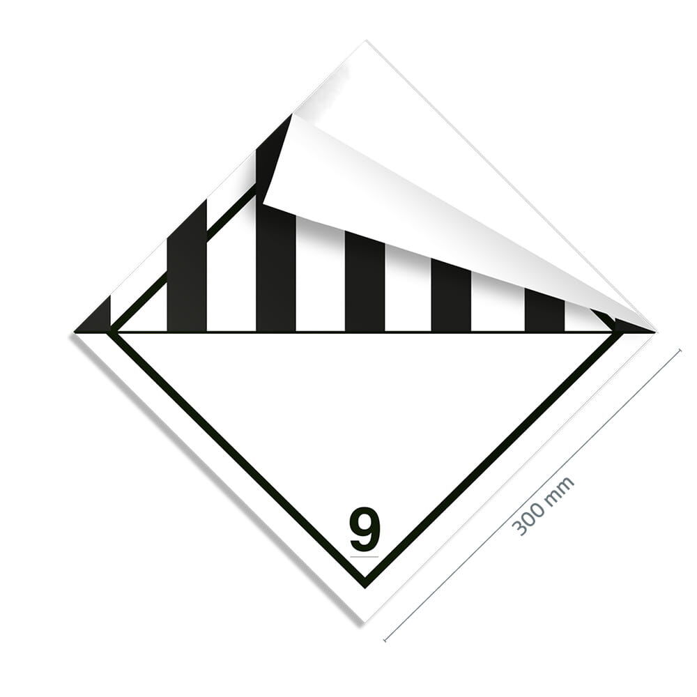 Gefahrgutzettel Klasse 9, 300×300 mm, Ecke gelöst zeigt flexible Klebefolie