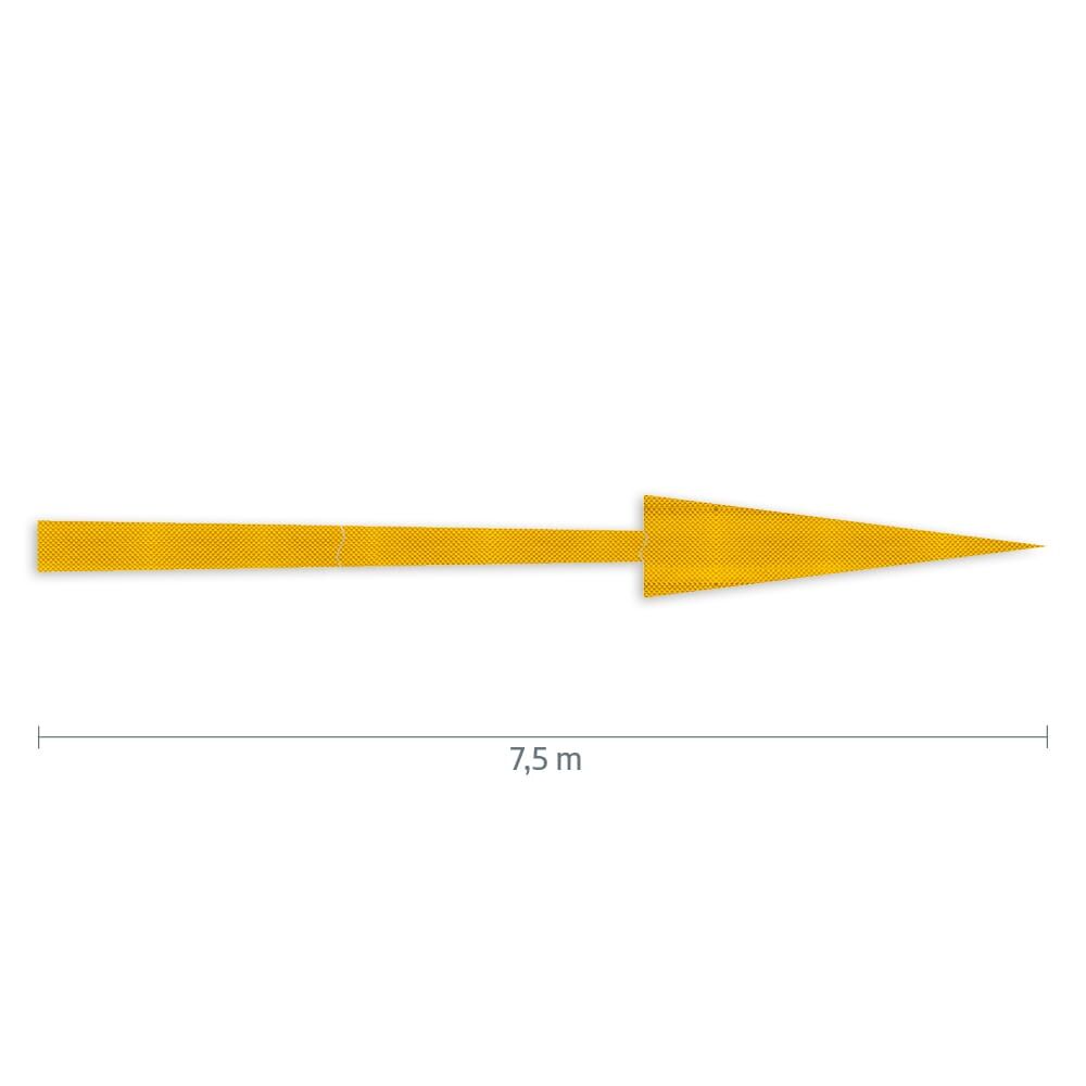 Gelber Richtungspfeil aus 3M Stamark Fahrbahnfolie mit Maßangabe: 7,5 m Länge