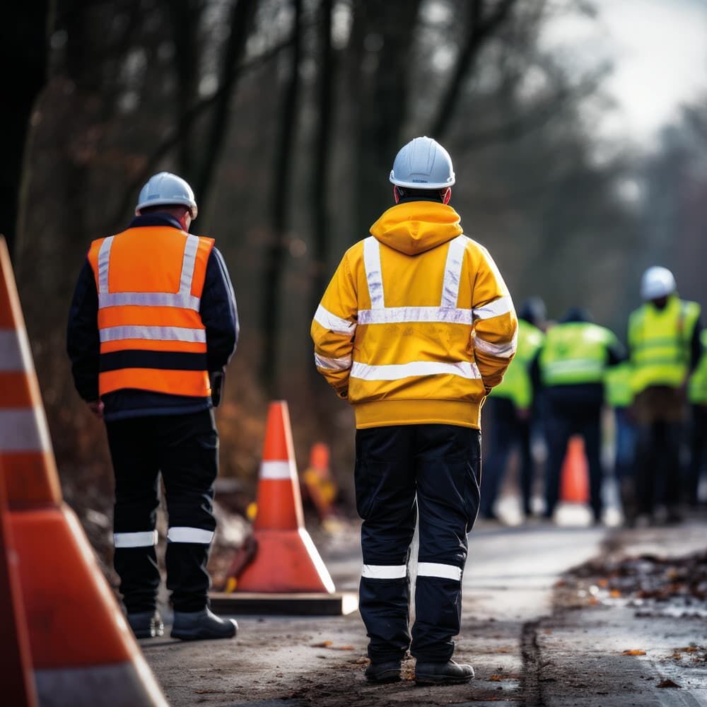 Baustellenarbeiter tragen Warnbekleidung mit Scotchlite 8725 Reflexstreifen