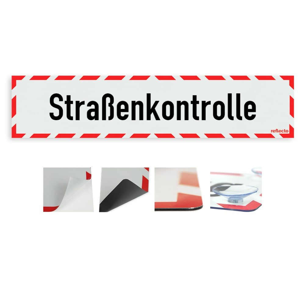 Hinweisschild „Straßenkontrolle“ mit rot-weißem Rahmen, Variantenübersicht