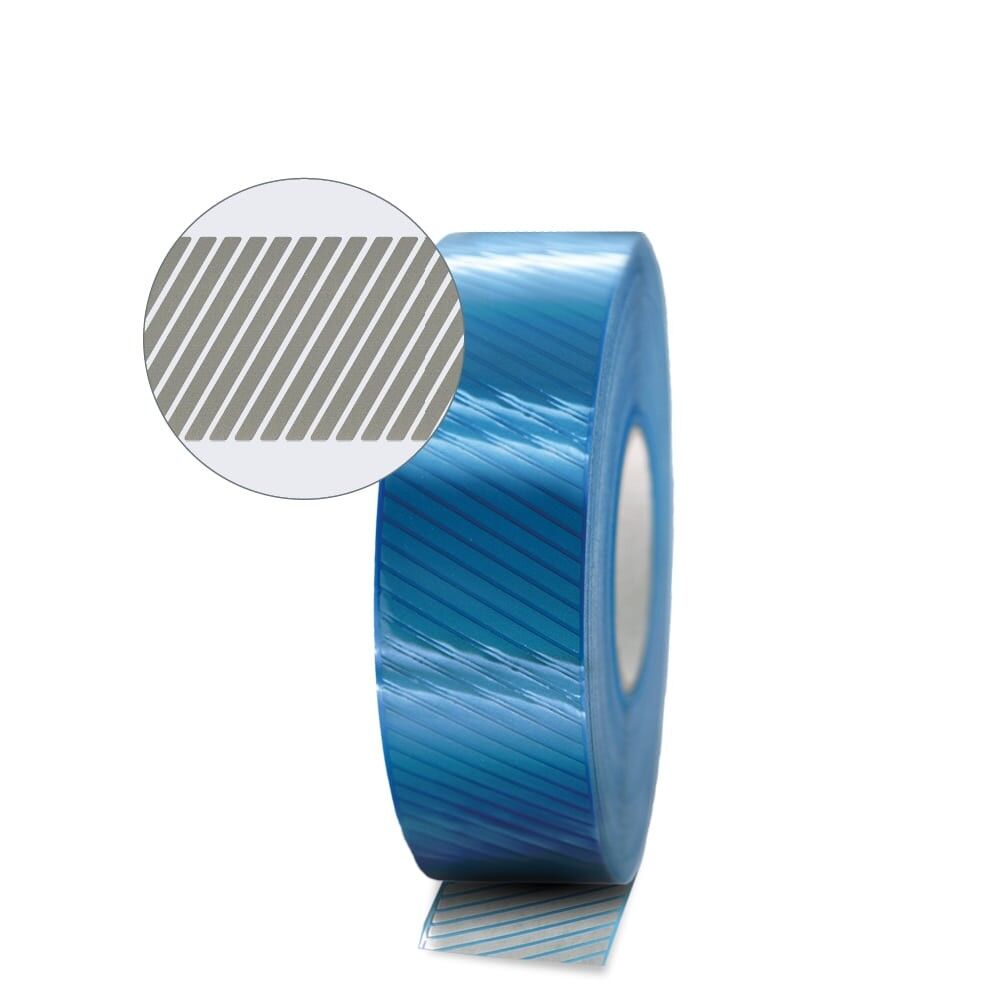 Frontale Ansicht 100 m 3M Scotchlite 5510 Rolle, silber mit blauem Liner. Detailzoom mit Segmenten